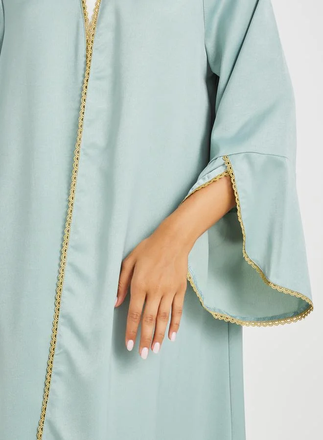 Take Two  Take Two Solid Bell Sleeve Open Front Abaya and Twisted Waist Skirt Set for Women | Best Price UAE