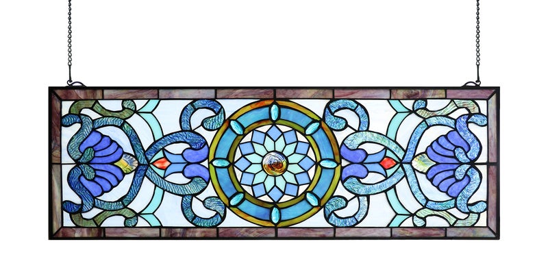 Yogoart Yogoart Extra Large Horizontal 35 Inch Blue Victorian Stained Glass Window Panels Hanging Transom Window 12 Inch Wide 
