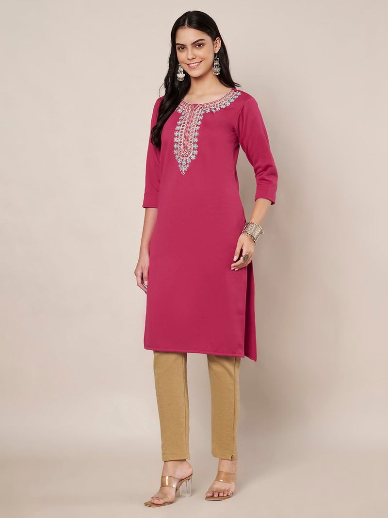 TREND LEVEL Women's Woolen Winter Embroidered Kurta (Haar Nack Kurti) (in, Alpha, M, Pink) - Image 4
