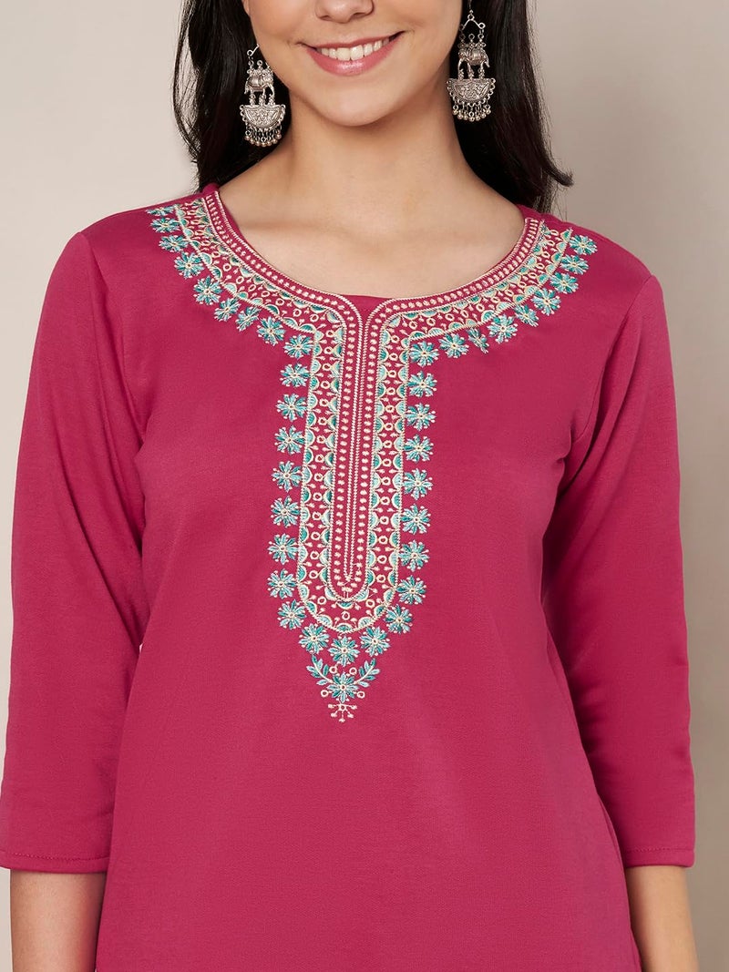 TREND LEVEL Women's Woolen Winter Embroidered Kurta (Haar Nack Kurti) (in, Alpha, M, Pink) - Image 3