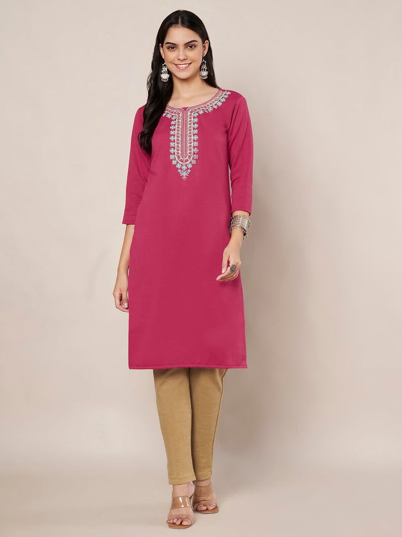 TREND LEVEL Women's Woolen Winter Embroidered Kurta (Haar Nack Kurti) (in, Alpha, M, Pink) - Image 2