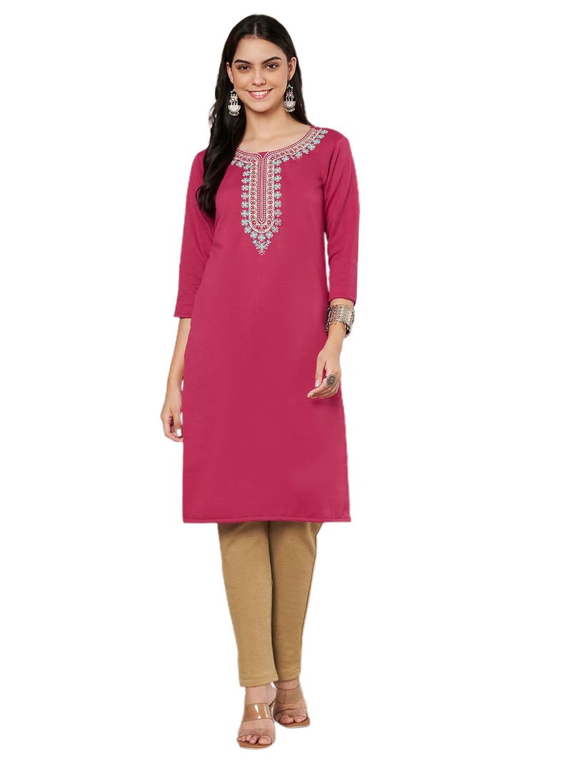 TREND LEVEL Women's Woolen Winter Embroidered Kurta (Haar Nack Kurti) (in, Alpha, M, Pink) - Image 1