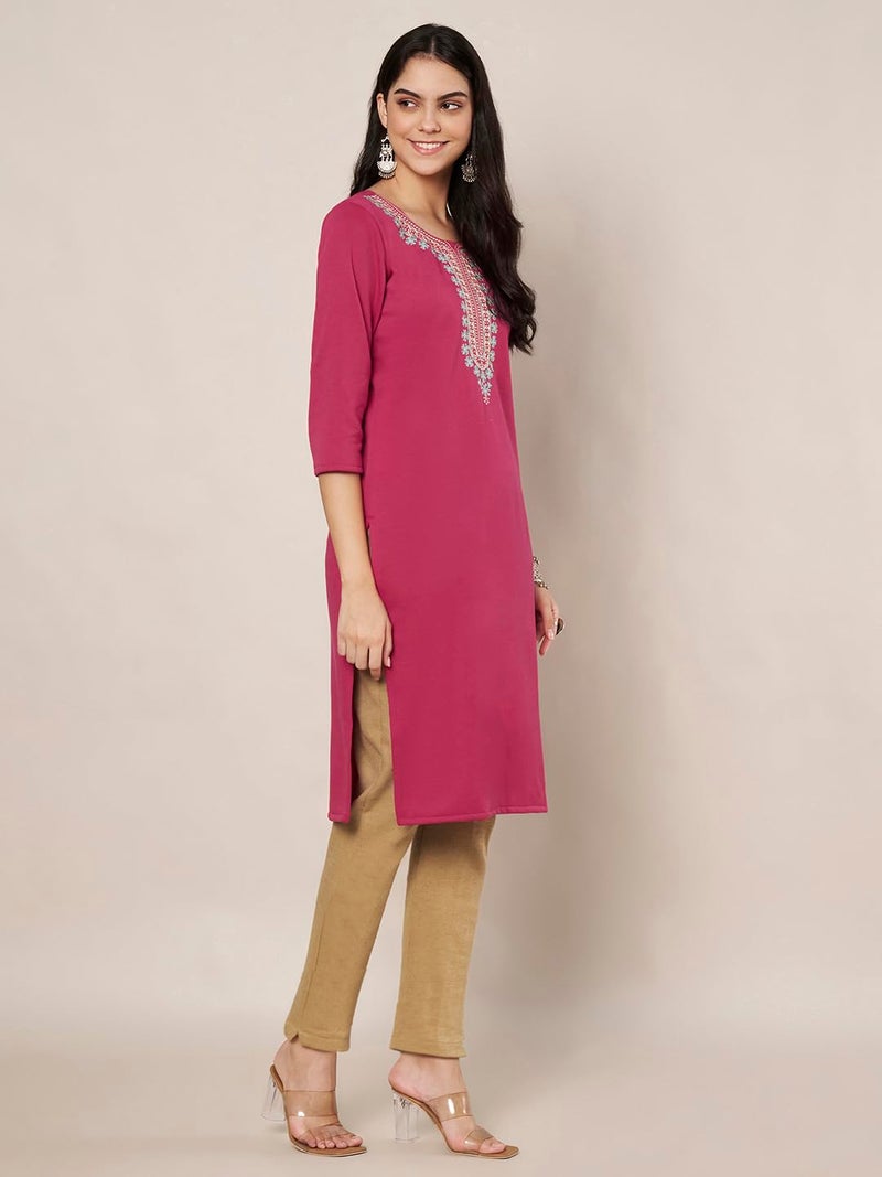 TREND LEVEL Women's Woolen Winter Embroidered Kurta (Haar Nack Kurti) (in, Alpha, M, Pink) - Image 5