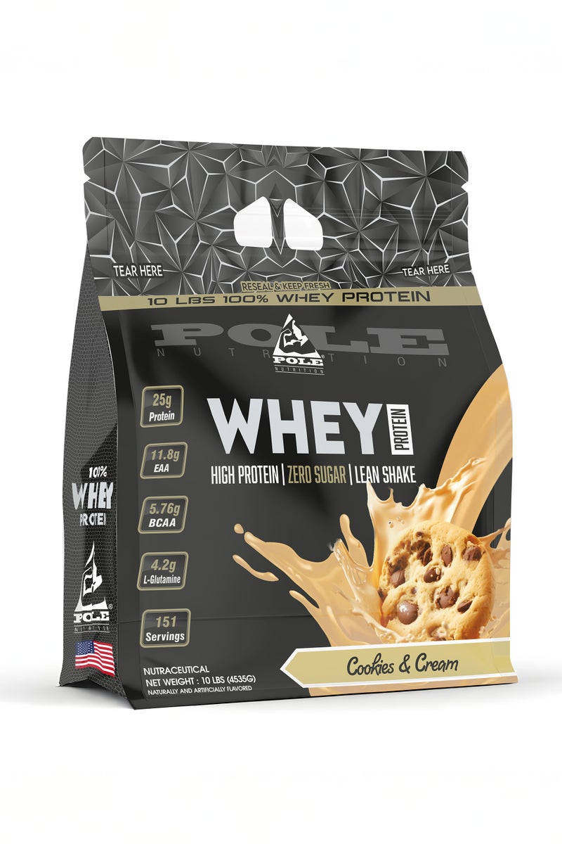 POLE NUTRITION 100% Whey Protein 10 lbs (4.53kg) - High Protein Lean Shake with Zero Sugar (Cookies & Cream) - Image 1