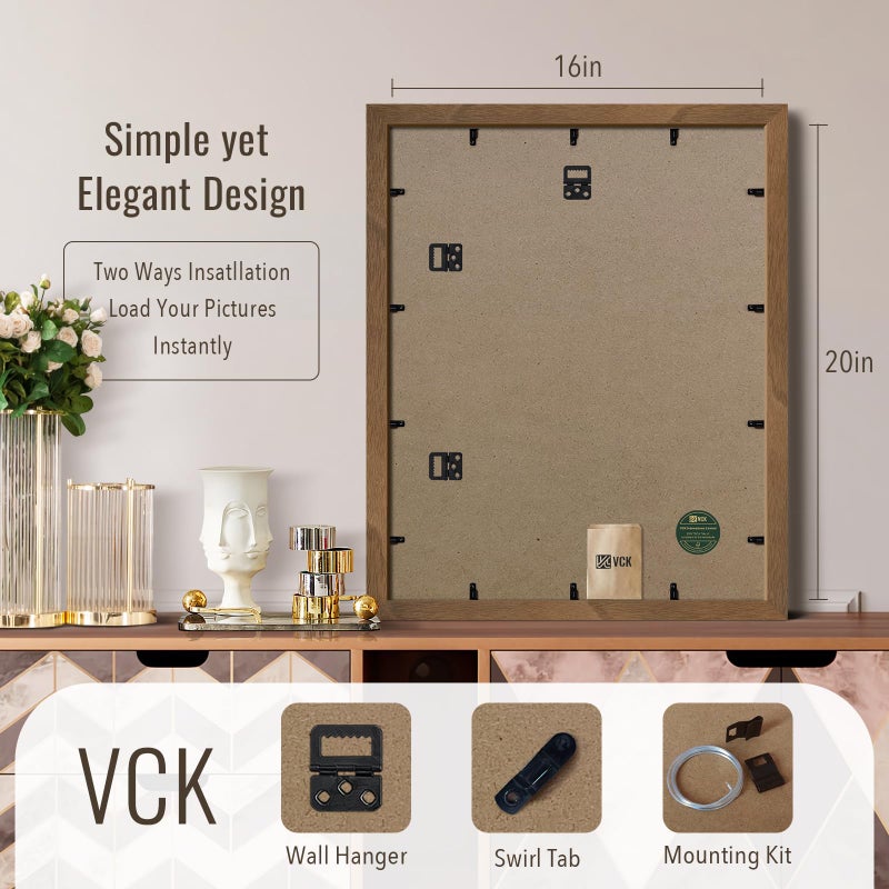 VCK 16x20 Picture Frames for Wall - Brown Walnut 3 Pack, Natural Textured Solid Wood Poster Frame - Image 3
