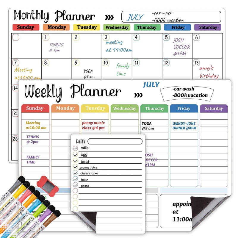 Hivillexun Magnetic Dry Erase Calendar Whiteboard Set (3-Pack) for Fridge, Wall, and Refrigerator Organization â€“ Monthly, Weekly, and Daily Planners with 8 Markers and Eraser - Image 5