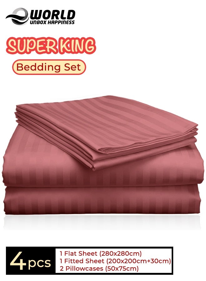 Eworld 4-Piece Luxury Super King Maroon Striped Bedding Set (Flat Sheet 280×280 cm, Fitted Sheet 200×200+30 cm, 2 Pillowcases 50×75 cm) – Premium Microfiber, Hotel-Style Comfort - Image 1
