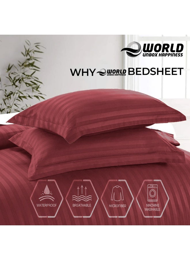 Eworld 4-Piece Luxury Super King Maroon Striped Bedding Set (Flat Sheet 280×280 cm, Fitted Sheet 200×200+30 cm, 2 Pillowcases 50×75 cm) – Premium Microfiber, Hotel-Style Comfort - Image 3