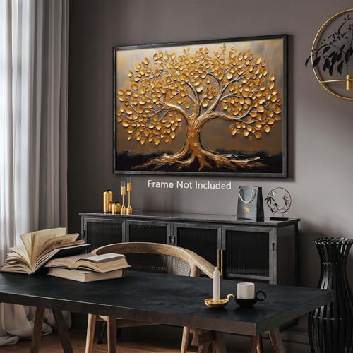 Ecyanlv Gold Tree of Life Canvas Wall Art Black and Gold Abstract Painting Textured Tree Wall Art Gold Leaf Canvas Print Leaf Poster Abstract Tree Pictures Wall Decor for Living Room 16x24inch Frameless - Image 5
