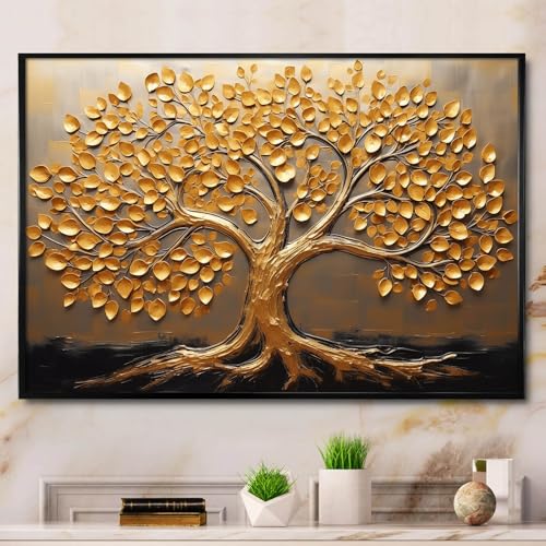 Ecyanlv Gold Tree of Life Canvas Wall Art Black and Gold Abstract Painting Textured Tree Wall Art Gold Leaf Canvas Print Leaf Poster Abstract Tree Pictures Wall Decor for Living Room 16x24inch Frameless - Image 1