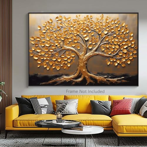 Ecyanlv Gold Tree of Life Canvas Wall Art Black and Gold Abstract Painting Textured Tree Wall Art Gold Leaf Canvas Print Leaf Poster Abstract Tree Pictures Wall Decor for Living Room 16x24inch Frameless - Image 3