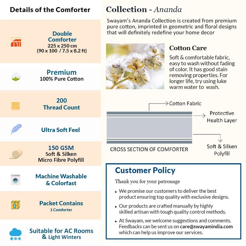 Swayam Double Size AC Comforter | 254 cm X 228 cm | Blue, 150 GSM | Comes with Health Layer : Prevents oozing Out of Fibre - Image 5