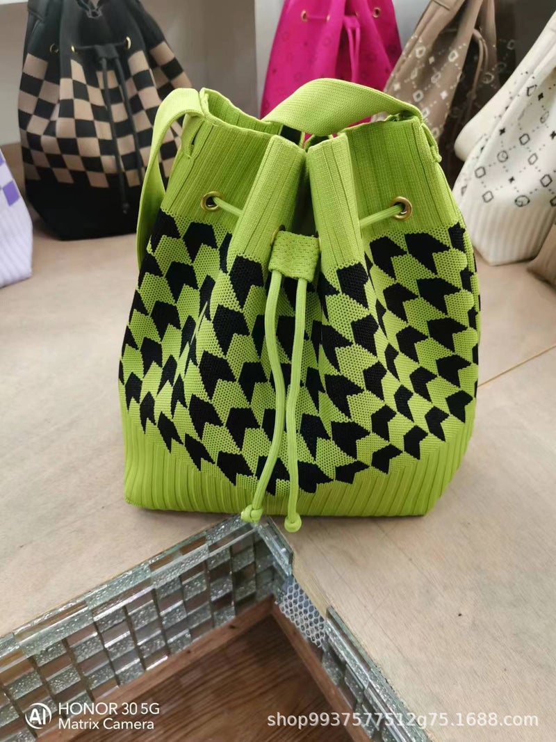 04 New Girly Drawstring Stripesd Knitted Satchel Shoulder Bag Versatile Fashion Stylish Rest Trendyy Bag Diagonal - Image 1