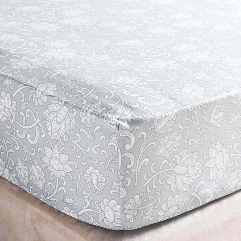 Pan Home Floral Printed Fitted Sheet Grey for Queen Bed - Image 1