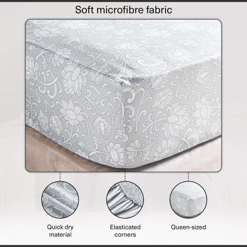 Pan Home Floral Printed Fitted Sheet Grey for Queen Bed - Image 4