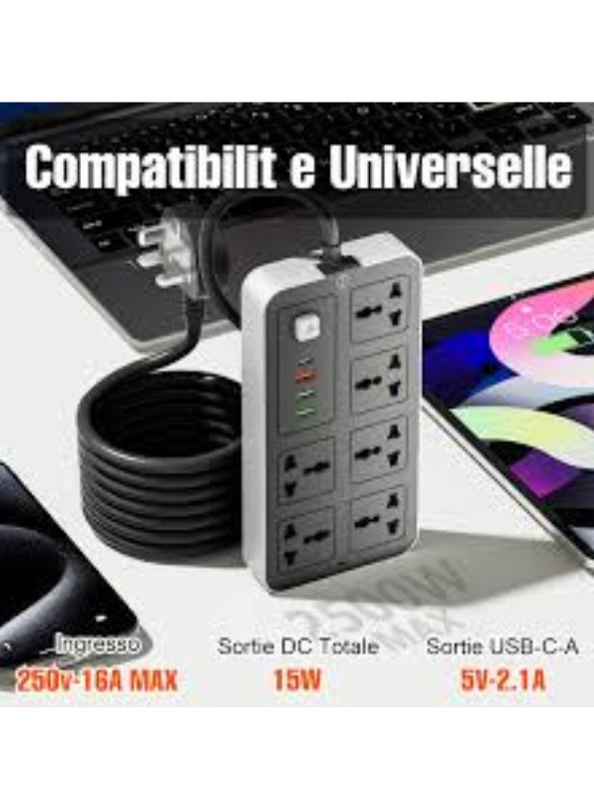 كابل تمديد 6 منافذ بطول 3 متر مع منافذ USB ومن النوع C، وواقي من زيادة التيار ومحول متعدد المقابس، وكابل تمديد طاقة، ومحور USB مع مقبس ذكي - مثالي للألعاب مع قابس منصهر 13 أمبير - Image 2