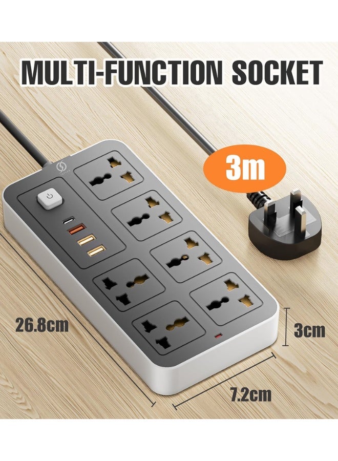 كابل تمديد 6 منافذ بطول 3 متر مع منافذ USB ومن النوع C، وواقي من زيادة التيار ومحول متعدد المقابس، وكابل تمديد طاقة، ومحور USB مع مقبس ذكي - مثالي للألعاب مع قابس منصهر 13 أمبير - Image 3