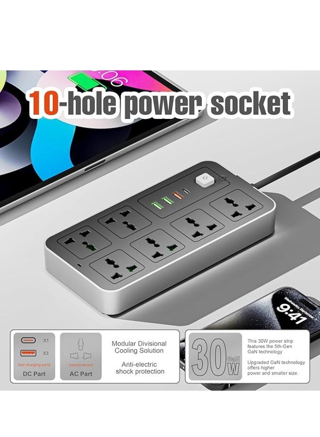 كابل تمديد 6 منافذ بطول 3 متر مع منافذ USB ومن النوع C، وواقي من زيادة التيار ومحول متعدد المقابس، وكابل تمديد طاقة، ومحور USB مع مقبس ذكي - مثالي للألعاب مع قابس منصهر 13 أمبير - Image 4