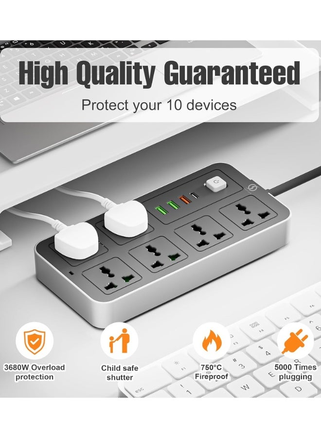 كابل تمديد 6 منافذ بطول 3 متر مع منافذ USB ومن النوع C، وواقي من زيادة التيار ومحول متعدد المقابس، وكابل تمديد طاقة، ومحور USB مع مقبس ذكي - مثالي للألعاب مع قابس منصهر 13 أمبير - Image 5