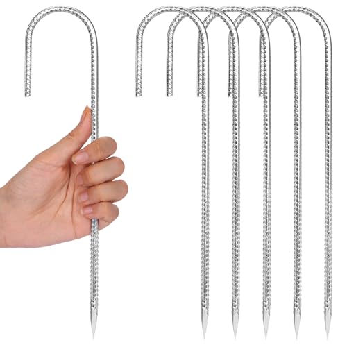 CEWOR 6 Pack 12 Inch Rebar Stakes J Hook Tent Stakes Heavy Duty Long Galvanized Ground Anchors Metal Spikes Landscape Yard Stakes for Signs Trampoline Chain Link Fence Outdoor Decoration - Image 1