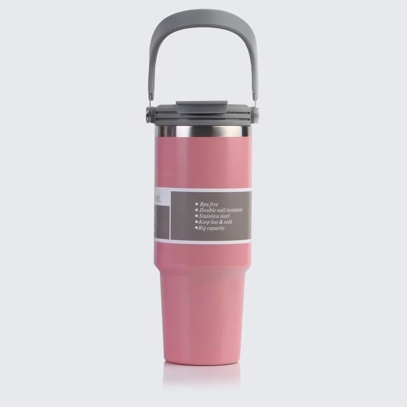 Vasukie 900ML Stainless Steel Tumbler with Straw and Top Handle, Leakproof Sipper Water Bottle, Dual Flip Lid for Office, Gym, Water, Coffee, Tea and Cold Drinks (Pink) - Image 1