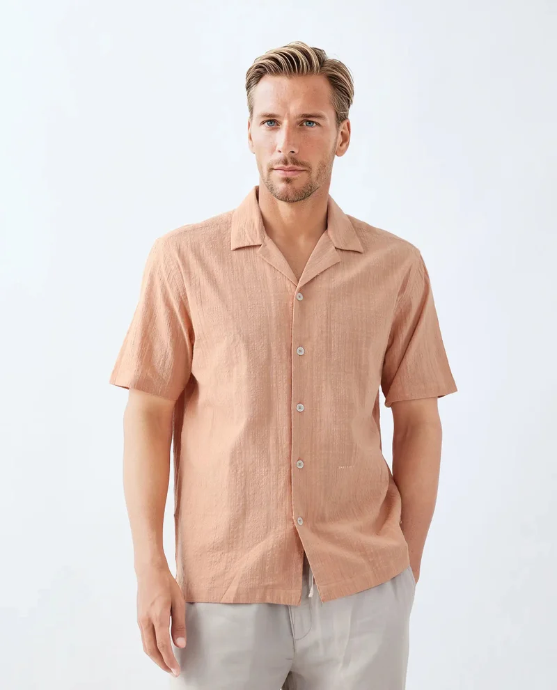 Rare Rabbit Rare Rabbit Men's Dara Dusky Peach Cotton Fabric Half Sleeve Cuban Collar Button Closure Boxy Fit Checked Shirt