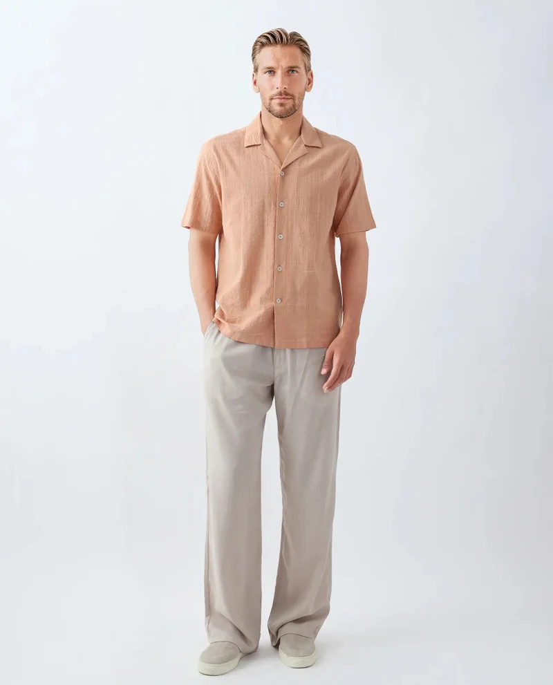 Rare Rabbit Rare Rabbit Men's Dara Dusky Peach Cotton Fabric Half Sleeve Cuban Collar Button Closure Boxy Fit Checked Shirt