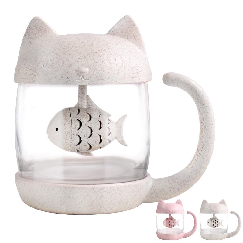 BigNoseDeer Cat Tea Cup Cute Mug Glass Pot with Fish Infuser for Loose Leaf Tea (White 8oz) - Image 1