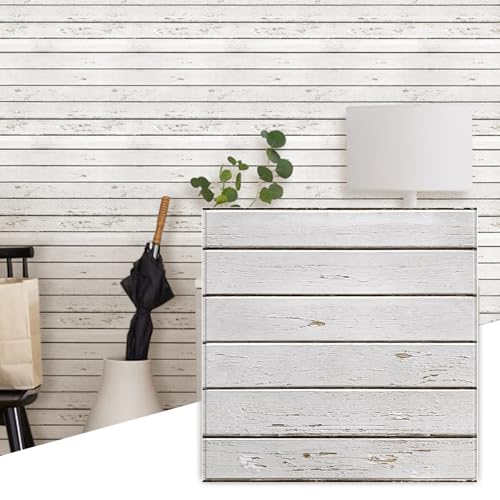 Commomy 3D Faux Shiplap Wallpaper Peel and Stick 118x118 10 Pcs Ultralight PVC Retro White Stick on Wood Tiles for Kitchen BacksplashBathroomInterior Wall Decor - Image 1