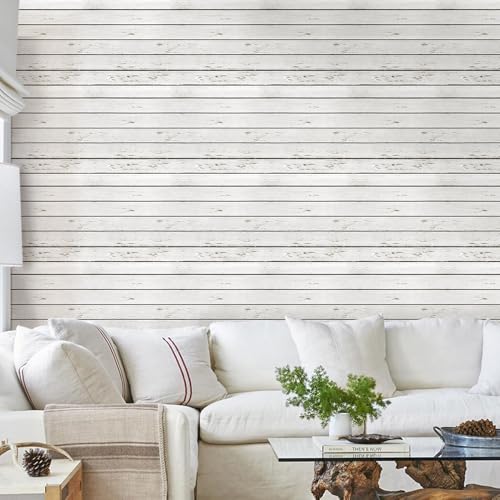 Commomy 3D Faux Shiplap Wallpaper Peel and Stick 118x118 10 Pcs Ultralight PVC Retro White Stick on Wood Tiles for Kitchen BacksplashBathroomInterior Wall Decor - Image 3
