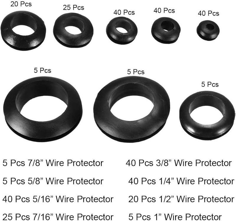 مجموعة متنوعة من حلقات الحشو المطاطية 8 أحجام 180 قطعة حلقات سوداء لتوصيل الأسلاك لسد الثقوب والكابلات - Image 2