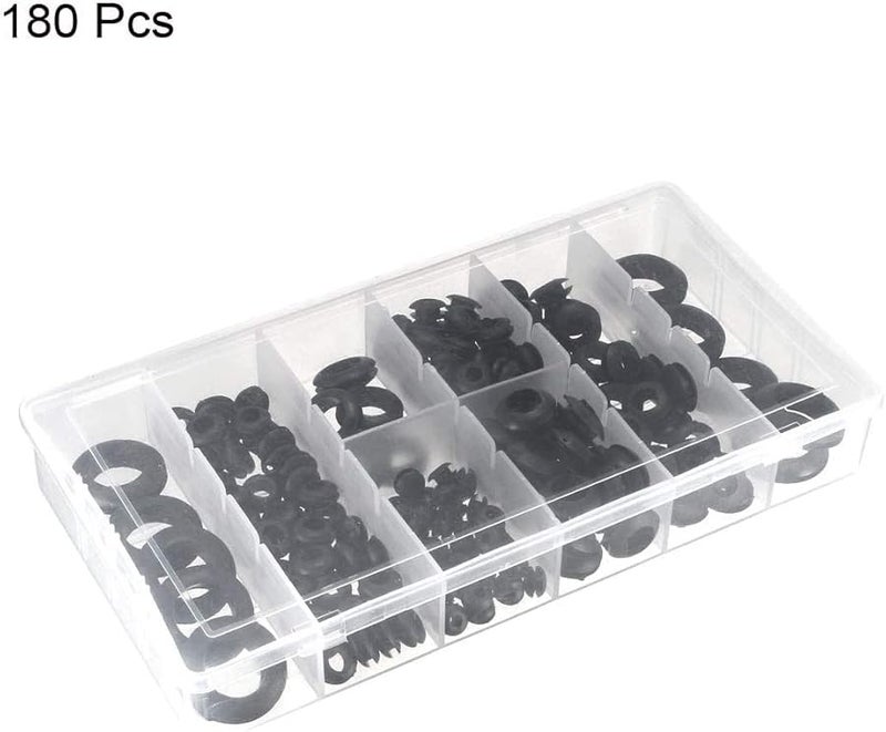 مجموعة متنوعة من حلقات الحشو المطاطية 8 أحجام 180 قطعة حلقات سوداء لتوصيل الأسلاك لسد الثقوب والكابلات - Image 3