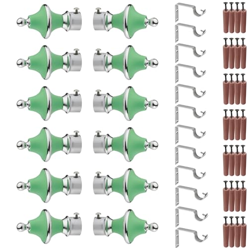 GRIVAN Stainless Steel & ABS Curtain Bracket Parda Holder with Support 1 Inch Rod Pocket Finials Designer Door and Window Rod Support Fittings, Curtain Rod Holder (Pair of 6 , Green ) - Image 1