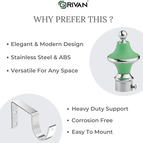 GRIVAN Stainless Steel & ABS Curtain Bracket Parda Holder with Support 1 Inch Rod Pocket Finials Designer Door and Window Rod Support Fittings, Curtain Rod Holder (Pair of 6 , Green ) - Image 3