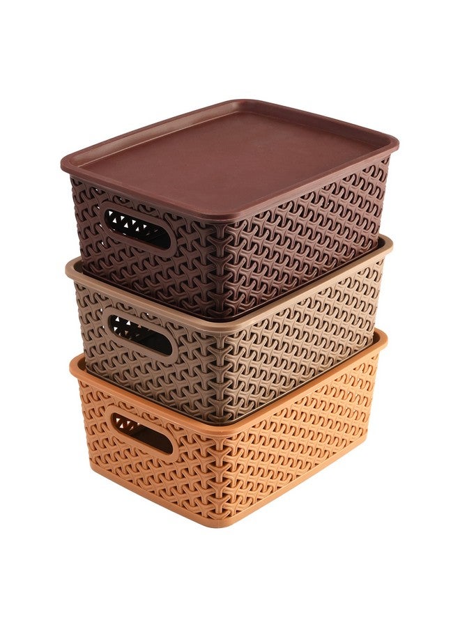 Kuber Industries Plastic Multipurpose Solitaire Storage Basket with Lid|Side Handles & Wovan Design|Size 25 x 20 x 11 CM|Pack of 3 (Multi)-CTLTC010896 - Image 1