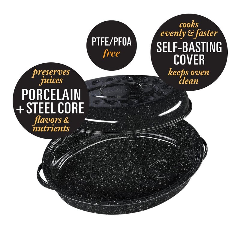 Granite Ware 15-Inch Covered Oval Roaster, 10 Lb Capacity - Enamel Steel Cookware, Dishwasher Safe & PFOA-Free, Even Heat Distribution for Roasting Poultry, Meat, or Vegetables (Speckled Black) - Image 3