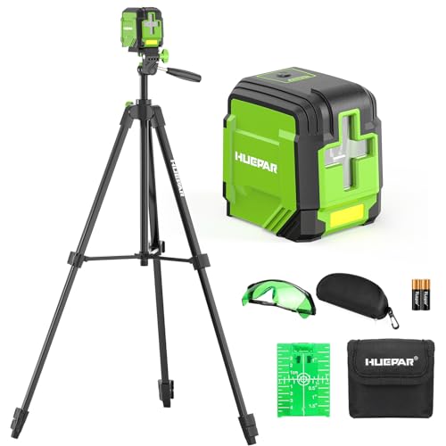 Huepar Laser Level with 60in Tripod HUEPAR 98Ft Self Leveling Laser Level Green Line Laser Cross Line Laser Leveler Tool for Picture Hanging Home Renovation Indoor Project BatteryCarrying Bag Included - Image 1