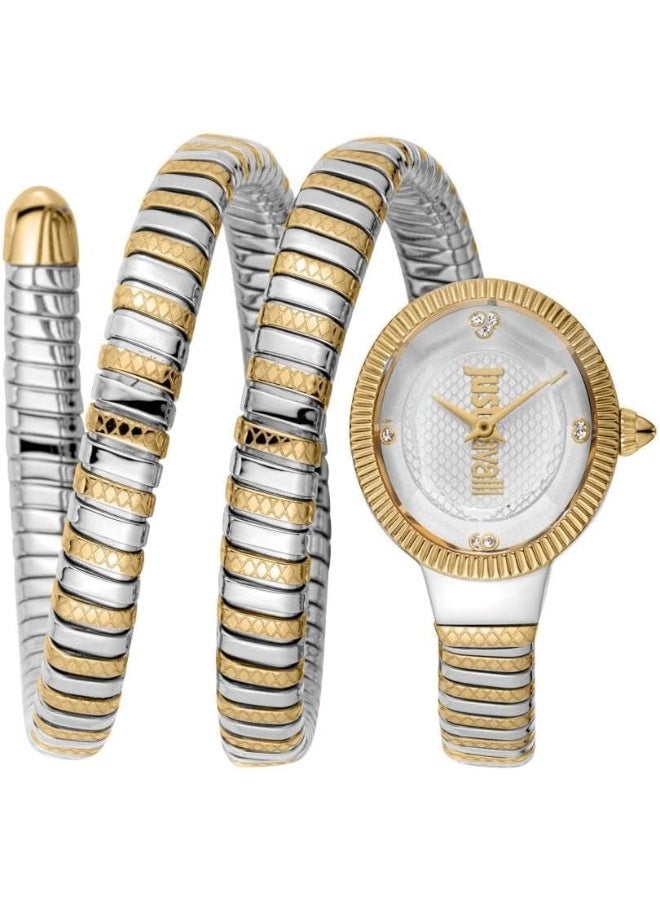 Just Cavalli ساعة JUST CAVALLI للنساء، علبة بلونين فضي وذهبي، قرص فضي، سوار معدني بلونين فضي وذهبي، 2 عقارب، 3 ATM
