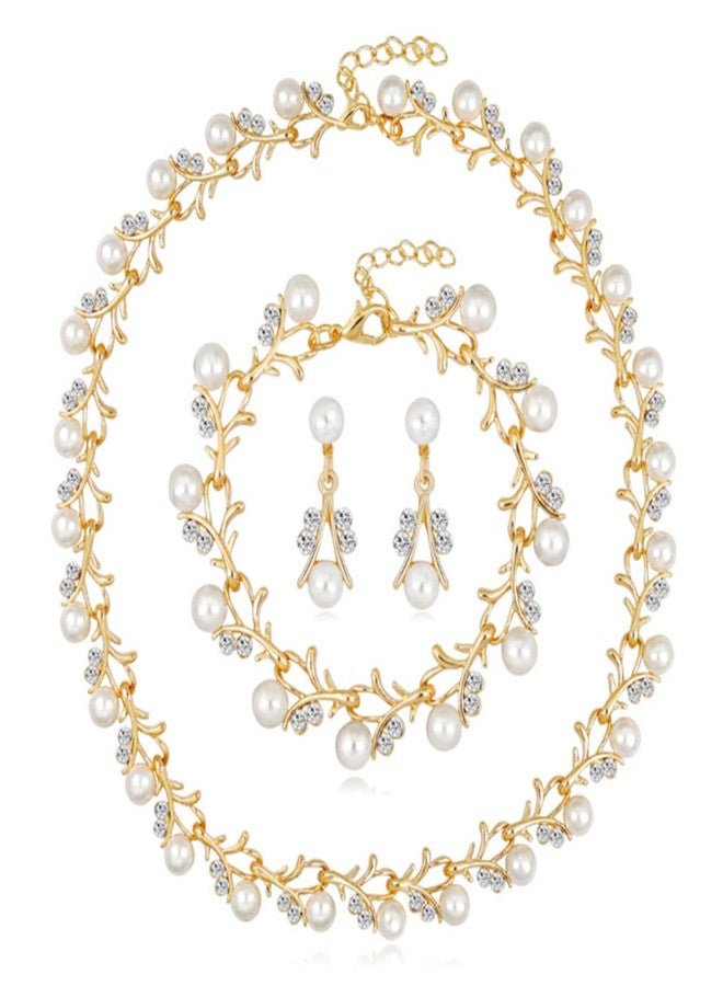 Unicra Gold Pearl Choker Necklace Earrings Bracelet Sets Rhinestone Bridal Wedding Jewelry Set Diamond Formal Prom Costume Jewelry Set for Women and Brides (Gold) - Image 1
