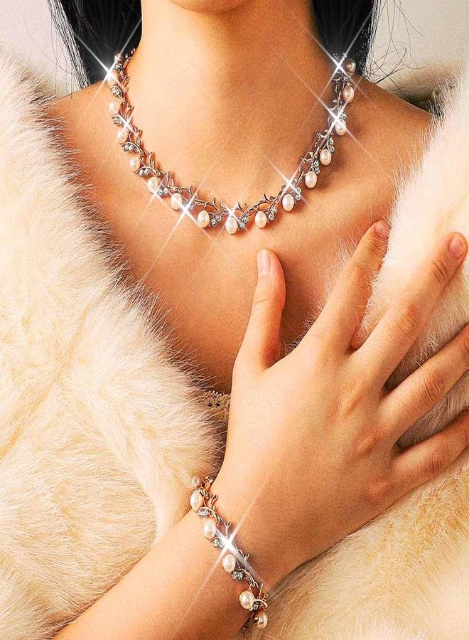 Unicra Gold Pearl Choker Necklace Earrings Bracelet Sets Rhinestone Bridal Wedding Jewelry Set Diamond Formal Prom Costume Jewelry Set for Women and Brides (Gold) - Image 5