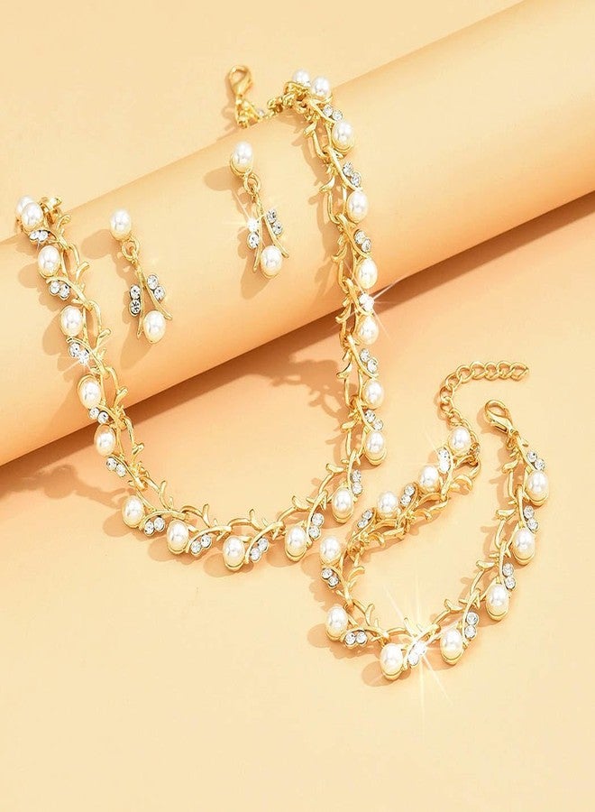 Unicra Gold Pearl Choker Necklace Earrings Bracelet Sets Rhinestone Bridal Wedding Jewelry Set Diamond Formal Prom Costume Jewelry Set for Women and Brides (Gold) - Image 3