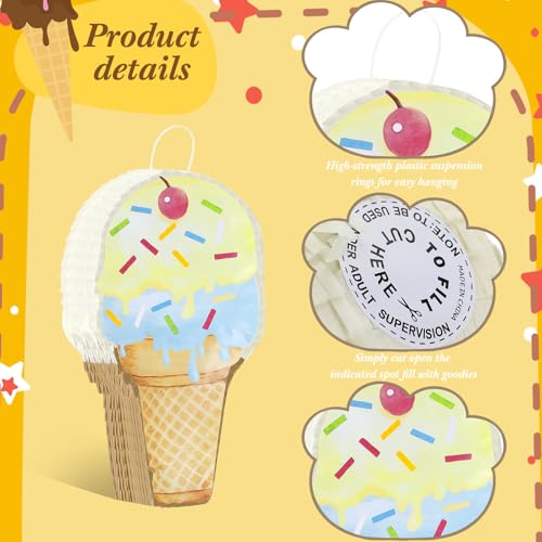 Capoda Ice Cream Piñata Ice Cream Cone Shaped Piñata with Stick Blindfold for Kids Birthday Summer Candy Theme Girls Baby Shower Beach Wedding Party Supplies Decorations, 15.8 x 9.5 Inch(Khaki) - Image 3