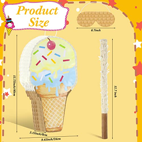 Capoda Ice Cream Piñata Ice Cream Cone Shaped Piñata with Stick Blindfold for Kids Birthday Summer Candy Theme Girls Baby Shower Beach Wedding Party Supplies Decorations, 15.8 x 9.5 Inch(Khaki) - Image 2