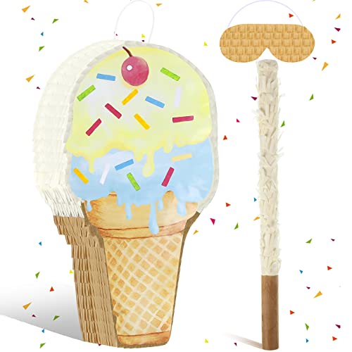 Capoda Ice Cream Piñata Ice Cream Cone Shaped Piñata with Stick Blindfold for Kids Birthday Summer Candy Theme Girls Baby Shower Beach Wedding Party Supplies Decorations, 15.8 x 9.5 Inch(Khaki) - Image 1