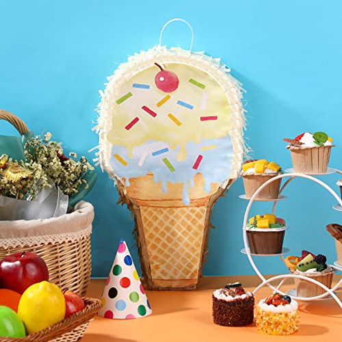 Capoda Ice Cream Piñata Ice Cream Cone Shaped Piñata with Stick Blindfold for Kids Birthday Summer Candy Theme Girls Baby Shower Beach Wedding Party Supplies Decorations, 15.8 x 9.5 Inch(Khaki) - Image 4