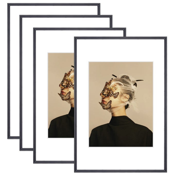 8X12 PICTURE FRAME SET OF 4 MATTED BLACK SIMPLE MODERN BRUSHED THIN ALUMINUM METAL PHOTO FRAME FITS 6X8 WITH MAT OR 8 X 12 WITHOUT MAT VERTICAL AND HORIZONTAL FOR TABLETOP AND WALL MOUNTING