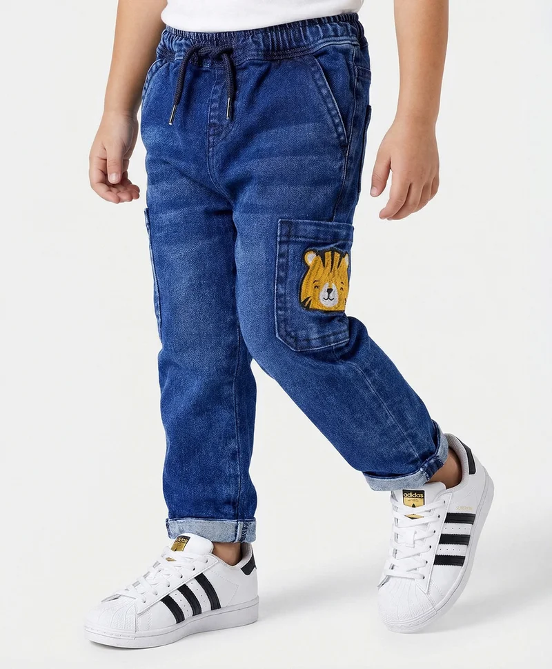 Bonfino Bonfino Woven Jogger Jeans with Patch Pockets and Tiger Embroidery - Blue