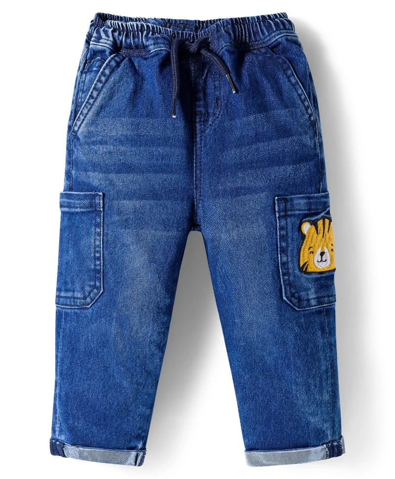 Bonfino Bonfino Woven Jogger Jeans with Patch Pockets and Tiger Embroidery - Blue
