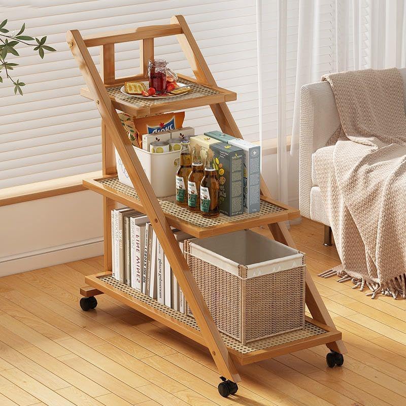 LINGWEI Bamboo Kitchen Trolley Foldable Serving Cart - Versatile Utility Cart with Storage Rack, Tea Bar Cart for Home, Restaurant, and Hospitality, Rolling Cart for Tea Service (3-Floor) - Image 4