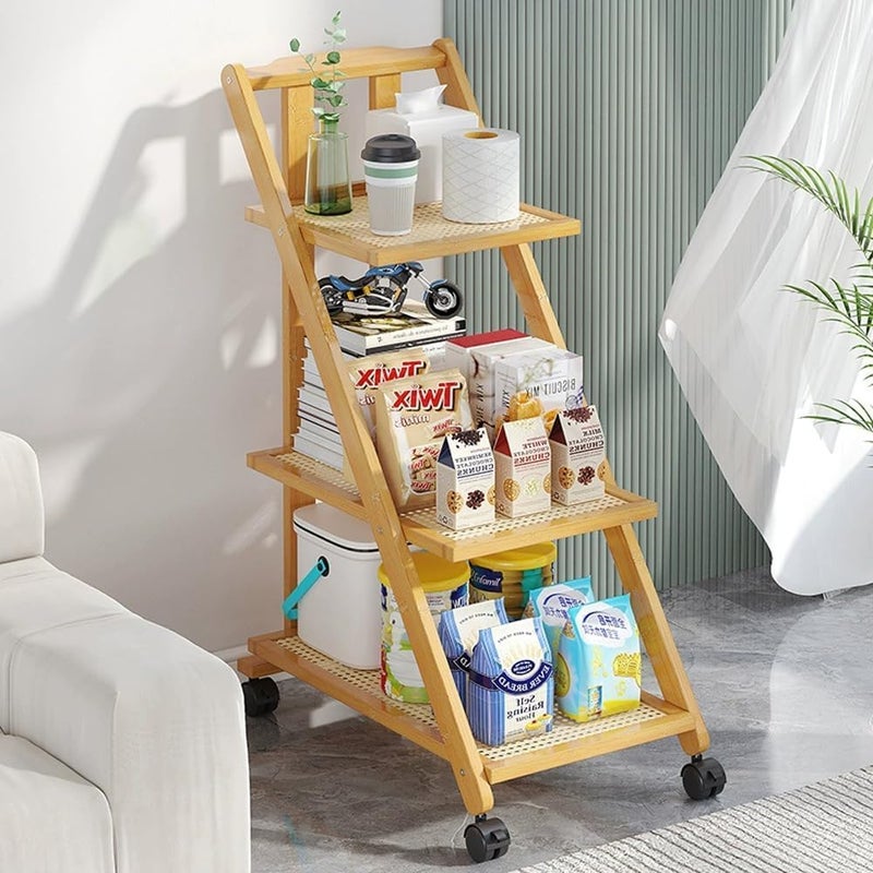 LINGWEI Bamboo Kitchen Trolley Foldable Serving Cart - Versatile Utility Cart with Storage Rack, Tea Bar Cart for Home, Restaurant, and Hospitality, Rolling Cart for Tea Service (3-Floor) - Image 1